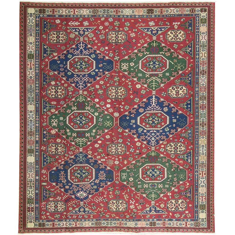 Hand-Knotted High-Quality Red and Blue Area Rug