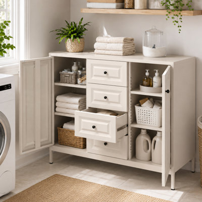 Buffet de rangement autoportant en acier beige avec 4 tiroirs et 2 portes pour une utilisation dans plusieurs pièces
