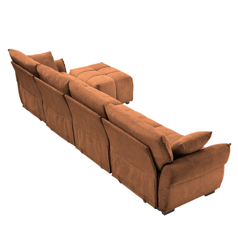 Modular 4-Seater Sofa With Ottoman Solid Wood Frame, 35.4" H x 141.7" W x 61" D, 4, Orange