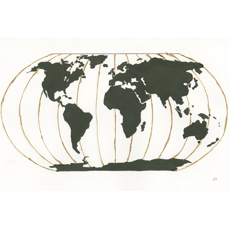 World Map Gold Lines by Chris Paschke - Wrapped Canvas Painting, 20cm H x 30cm W