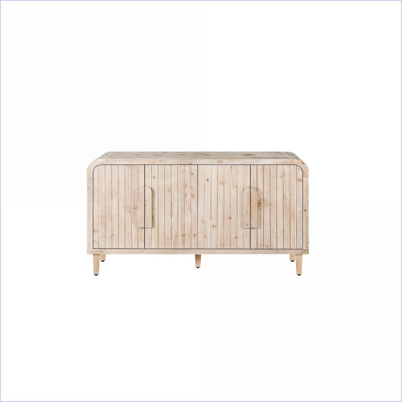 59'' Farmhouse Curved Storage Sideboard with Adjustable Shelves, Large Handles - Natural Wood Washed | Solid Wood+MDF | Kitchen