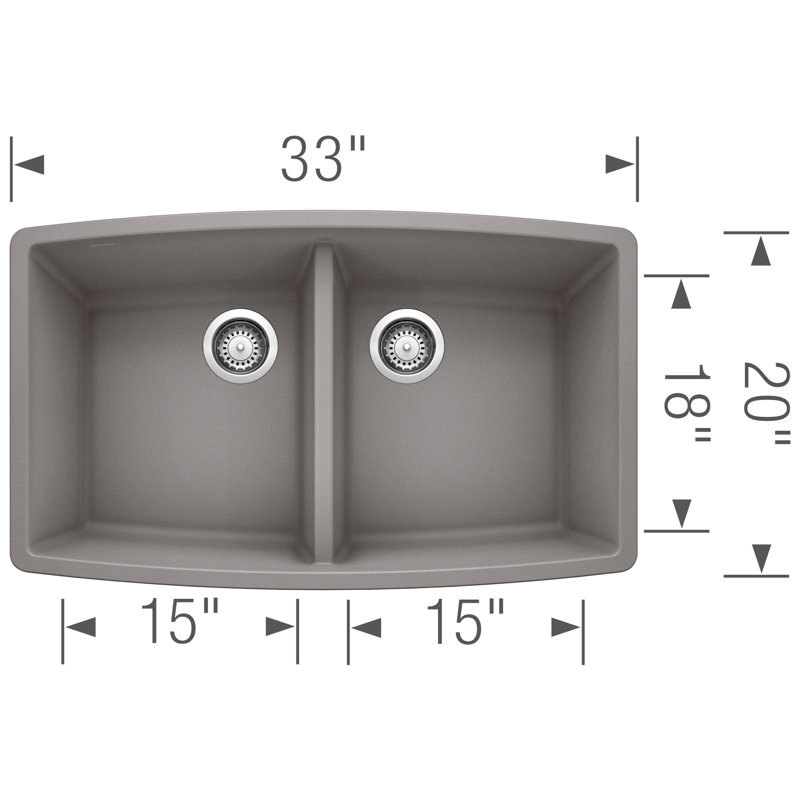 Évier de cuisine en granite à double cuve encastrable L 33 po x l 20 po Performa Silgranit, Gris métallique