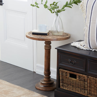 Anthea Mango Wood Handmade Intricately Carved Floral Side End Accent Table with Turned Base by Dakota Fields