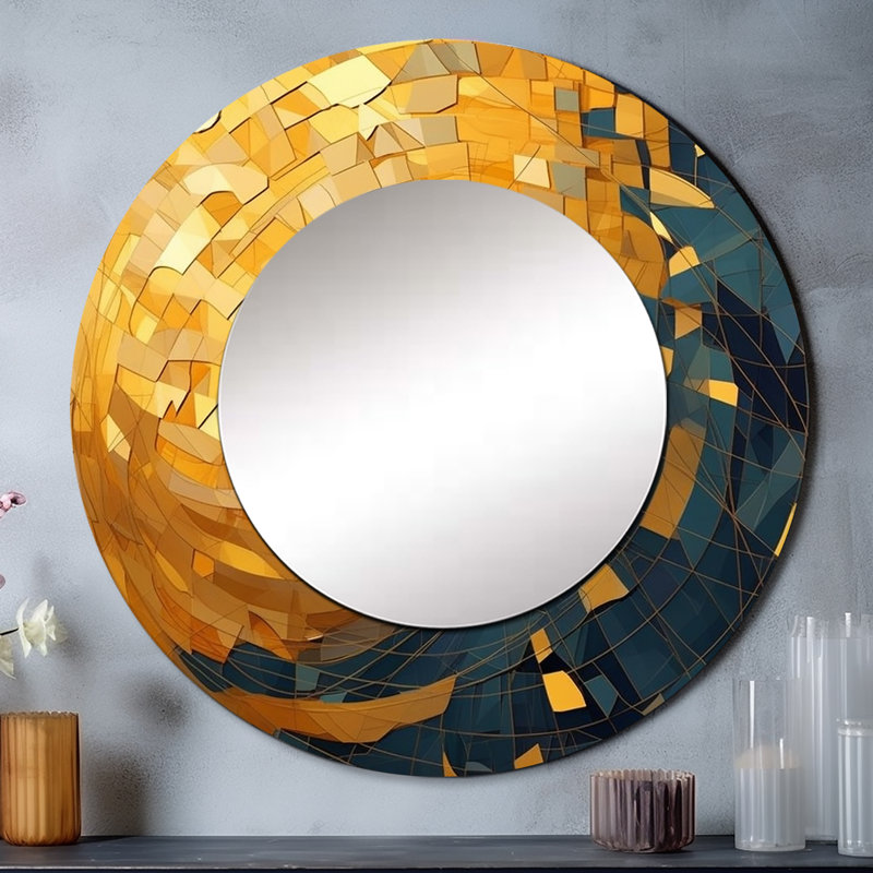 Or et noir cubiste Visions VI - miroir mural unique cubique, miroir rond doré, impression d'art en métal, 36 po x 36 po