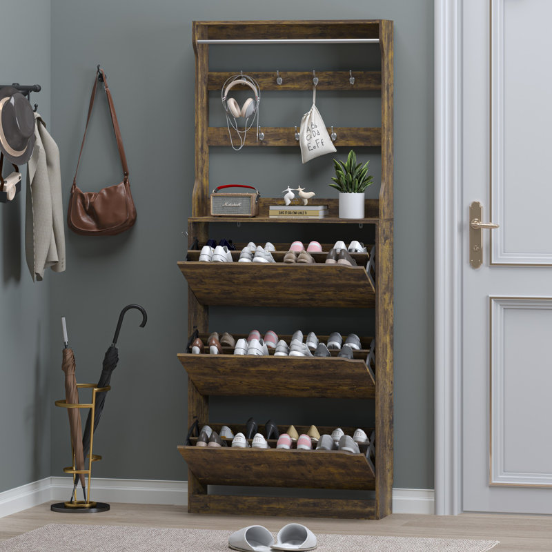 Armoire de rangement pour chaussures 24 paires, 3 tiroirs rabattables, tablettes réglables et 9 crochets - Rangement pour entrée peu encombrant