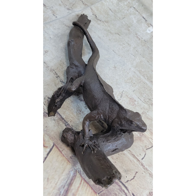 Bronze Iguana on Tree Branch Sculpture Hand Made Classic Reptile Artwork Statue