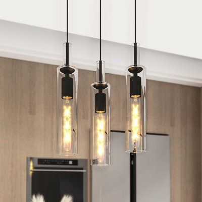 3 Pack Black Pendant Lights For Kitchen Island, Hallway, Bedroom - Modern Minimalist, Clear Glass, E26 Socket, Height Adjustment, Matte Finish, Metal, Canopy 14 68 Inches Customizable, Installation,
