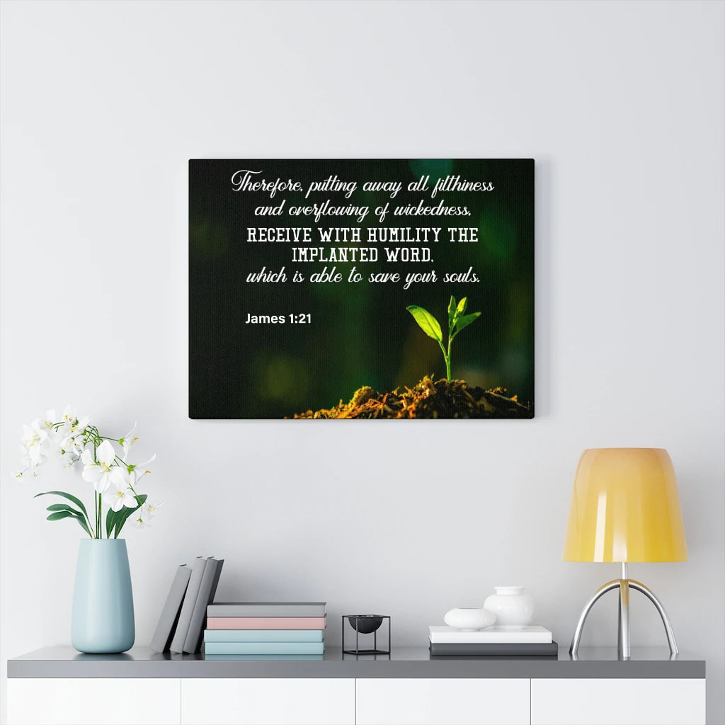 Blue Elephant Implanted Word James 1:21 - Wrapped Canvas Typography ...