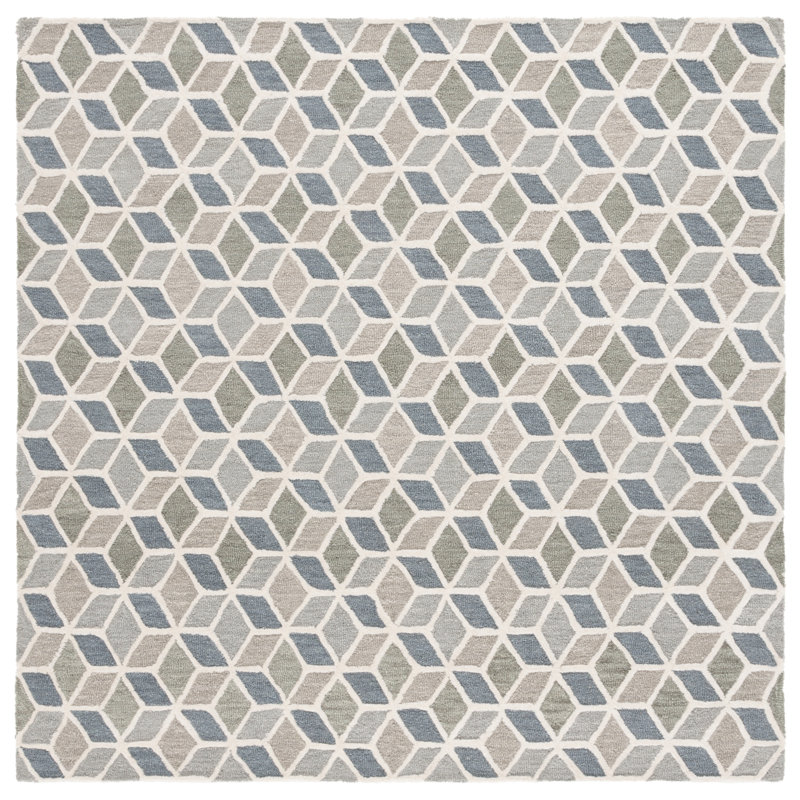 Ebony Hand Tufted Wool/Cotton Geometric Rug in Ivory/Grey, Square 6'