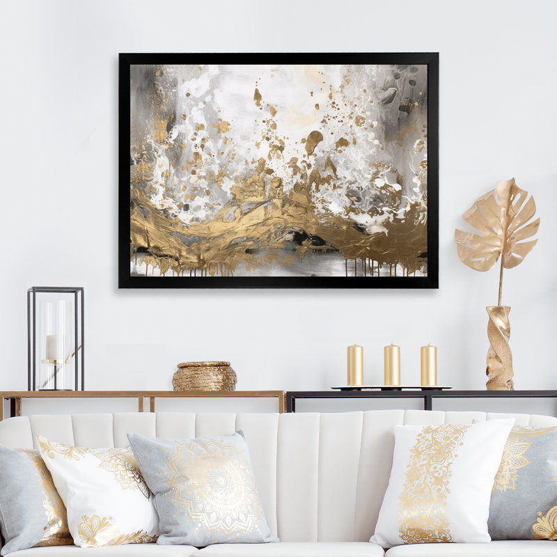 Art moderne abstrait blanc et or - art mural abstrait, Cadre photo noir, H 24 po x l 32 po x P 1 po