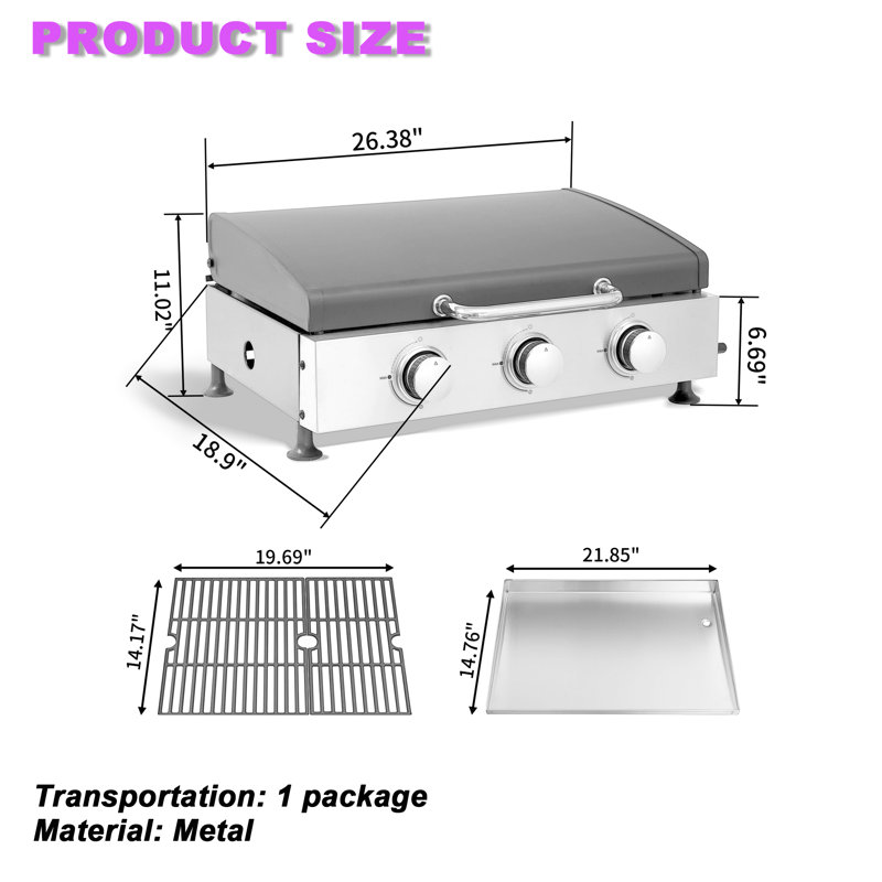 Barbecue au gaz extérieur à 3 brûleurs de 28 680 BTU, plaque de cuisson émaillée et grilles en fonte, avec plateau à huile coulissant