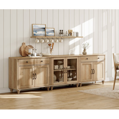 Sideboard Cabinet, 2 Drawers-2 Glass Doors-4 Wood Doors, Buffet Storage For Dining Room-Kitchen-Living Room-Coffee Bar, 101 Inch