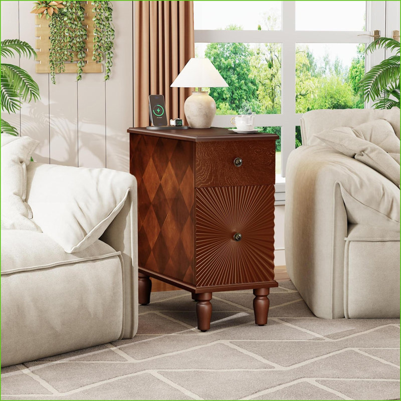 Table de chevet 2 tiroirs moderne - Pieds en bois massif, finition noyer