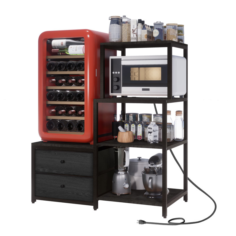 Mini support de réfrigérateur avec rangement, micro-ondes et mini support de réfrigérateur avec prise de courant, café, boulanger de cuisine, pour dortoir, bureau (noir)