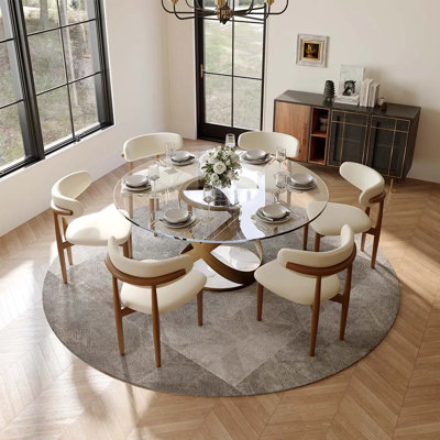 Ensemble de salle à manger moderne 5/7 pièces, ensemble de table de salle à manger rond pré-assemblé, ensemble de table de salle à manger en pierre frittée avec chaises rembourrées