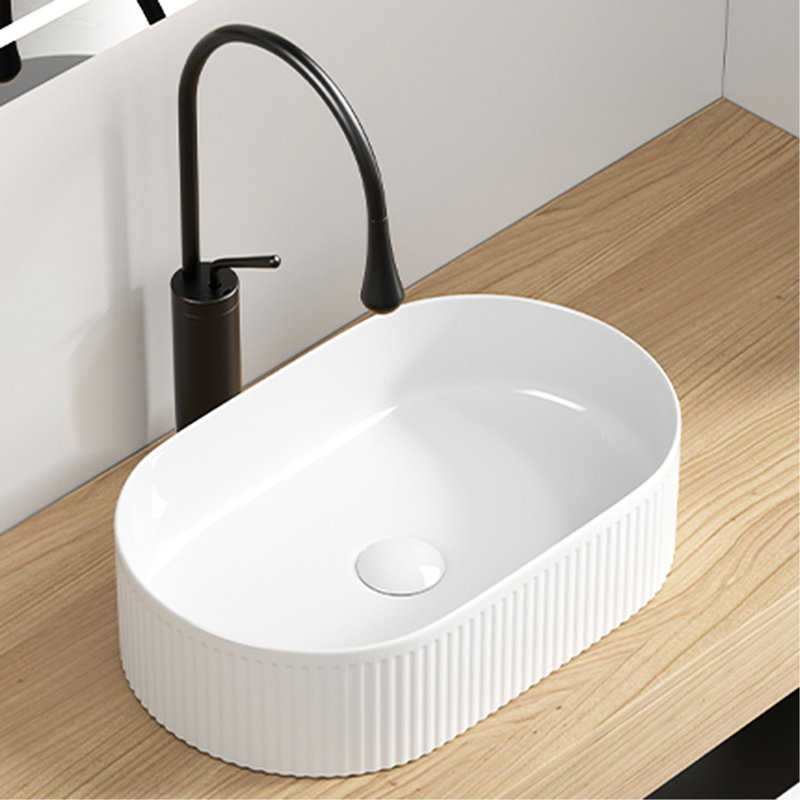 Oval Bathroom Sink, 19 X 12, White Porcelain Vessel, Modern Design With Straight - Line Texture, To Aging 1/4 Wide Above Counter 12 3/8 Deep, For Contemporary Bathrooms