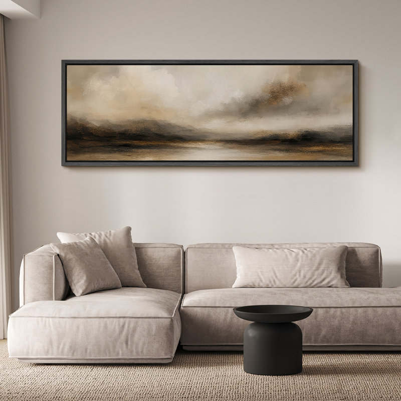 Large Framed Canvas Print Wall Art - Neutral Abstract Landscape Print for Minimalist Modern Wall Decor, 20" H x 60" W, Black