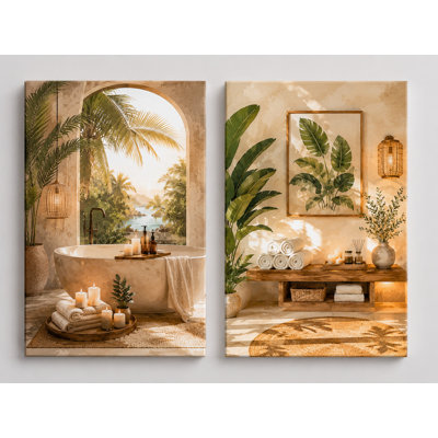 Large Set of 2 Tropical Bathroom Wall Art Boho Spa Palm Leaf Bathtub Watercolor Canvas Prints Relaxing Bathroom Decor 16x24 Inch Canvas Print - Ready to hang