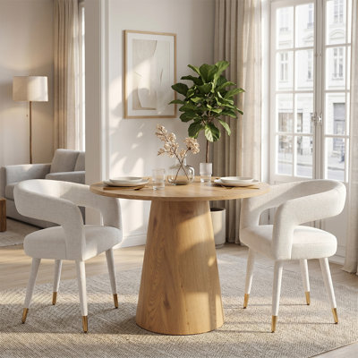 35" Oak Round Dining Set For 2 With Chenille Armchairs