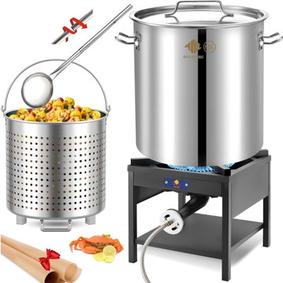 Ensemble de friteuse à dinde de 64 po en acier inoxydable avec crépine et cuisinière au propane avec 200 000 UBT et grande cuillère de 36 po (marmite + poêle + grande cuillère)