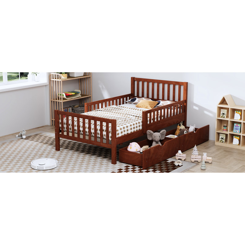 Lit simple, noyer, lit plateforme, garde-corps, tiroirs de rangement, conception simple pour le confort de la chambre à coucher, bois de pin massif léger, 8 supports en bois, option pour l'espace