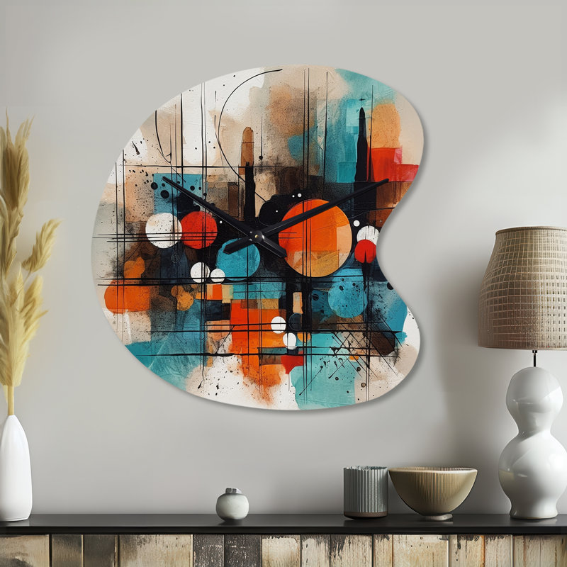 «Orange Abstracted Geometric Explorations III», horloge murale en forme géométrique unique, Petit