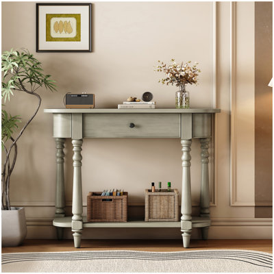 Console étroite avec coin incurvé, table de hall d'entrée rétro avec tiroir supérieur et tablette ouverte Trexm