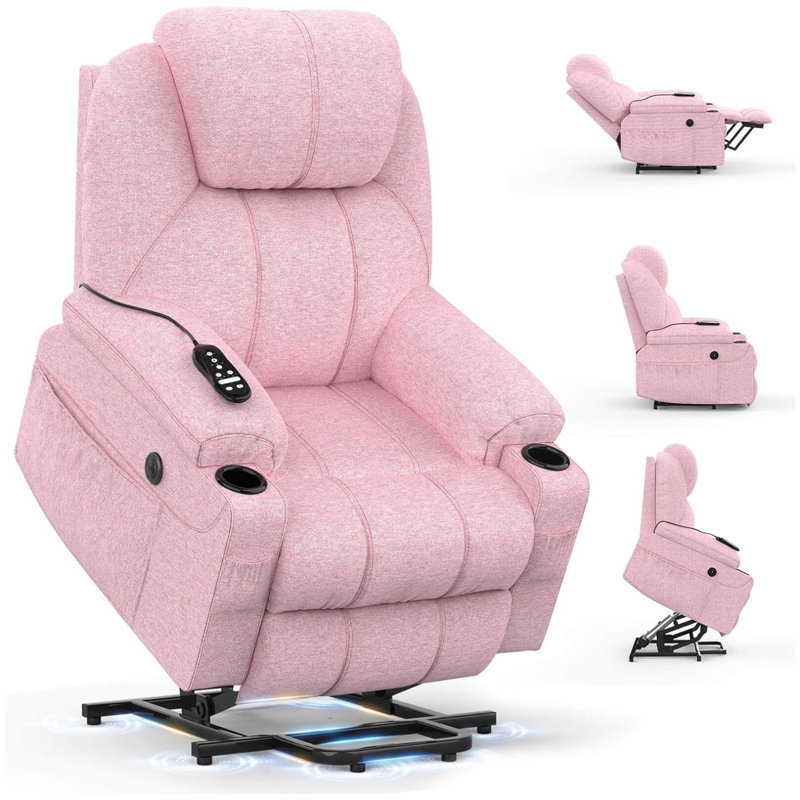 90 cm Wide Linen Lift Assist Home Theatre Recliner with Massager and Heated Cushion, Blue Browm