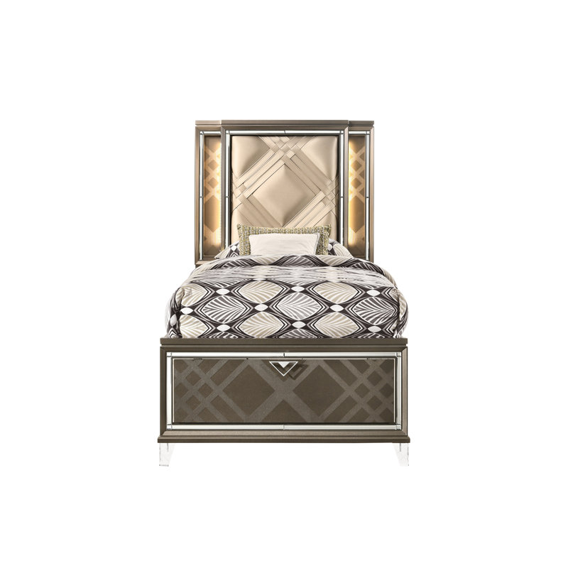 Lit double foncé champagne avec rangement et DEL, cuir synthétique avec champagne DEL, éclat