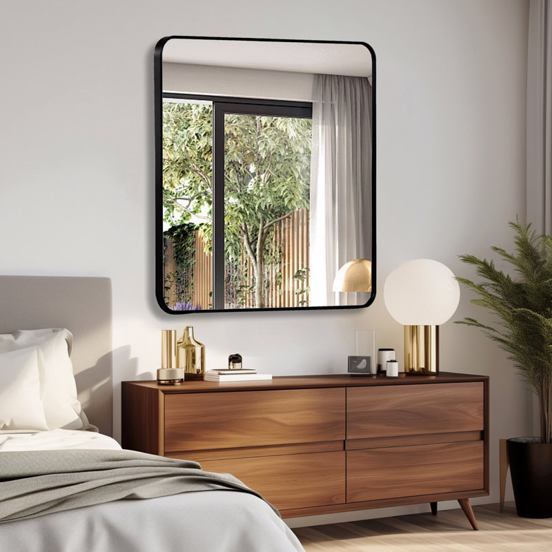 Metal Framed Square Bathrrom Mirror, Square, Black, 36" x 36"