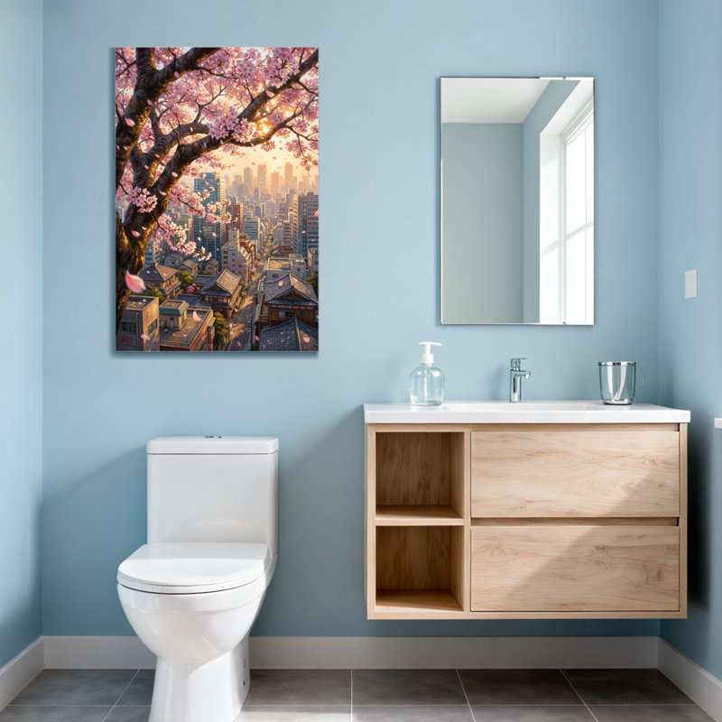 Plantes et fleurs, cerisier en fleurs, paysage urbain, coucher de soleil, H 24 po x l 16 po