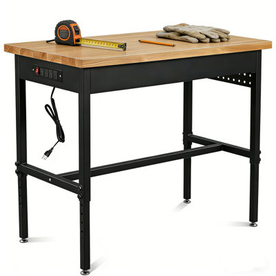 Établi réglable 48/60/70 po avec prise de courant Table de travail robuste en bois franc d'une capacité de charge de 2 500 lb pour un garage à 6 niveaux (48 po x 24 po)