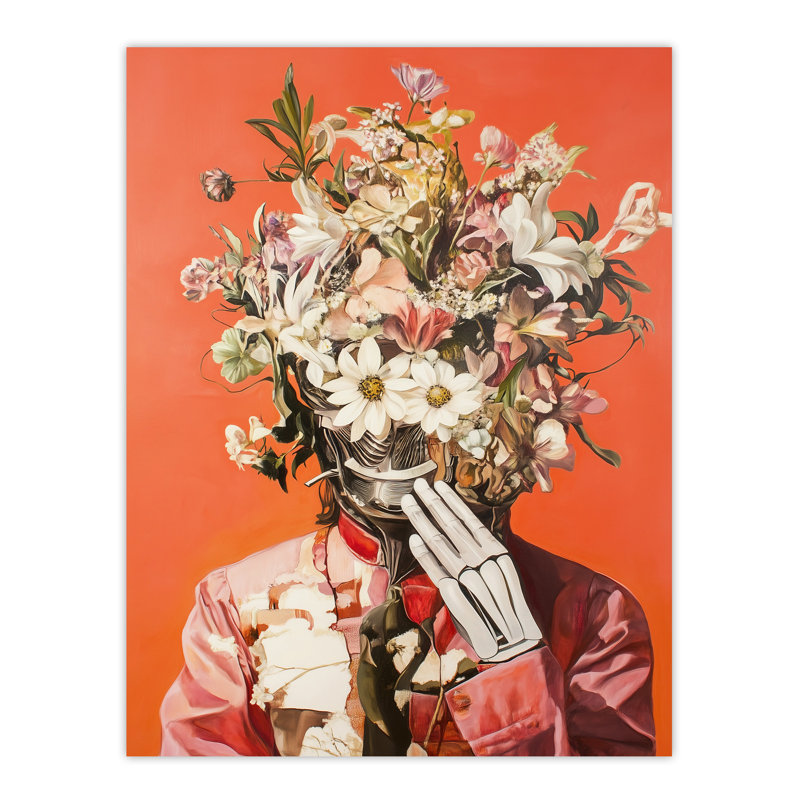 Shy Cyborg Robot Flower Bouquet Hat Suit Wall Art Print