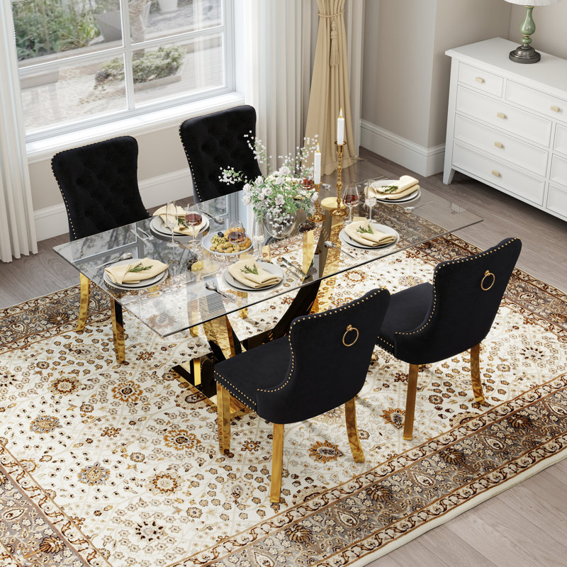 Kelisia 4 - Person Pedestal Dining Set, 30"H x 63"L x 35.4"W, Black, Gold