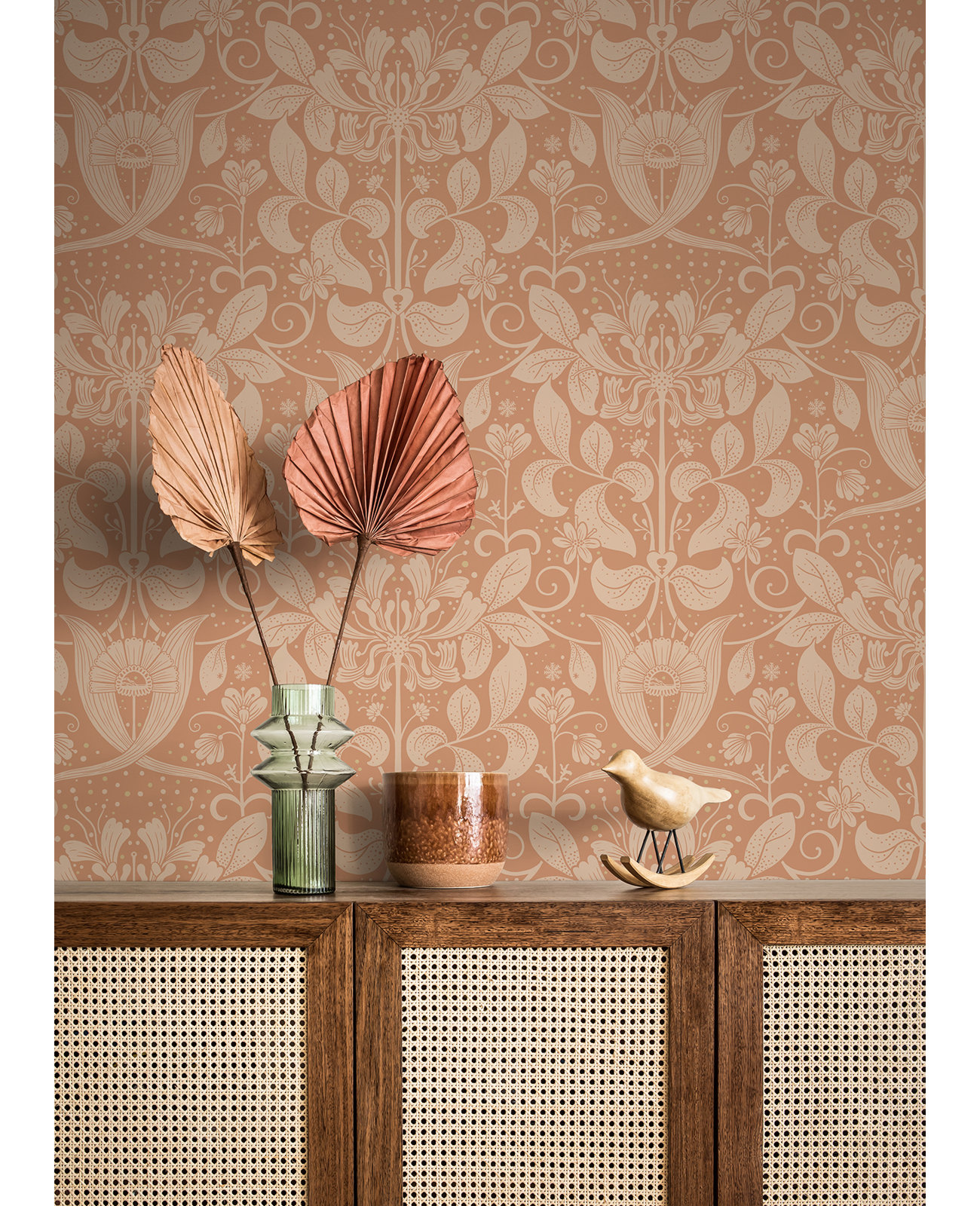 Leavy Floral Wallpaper, Coral