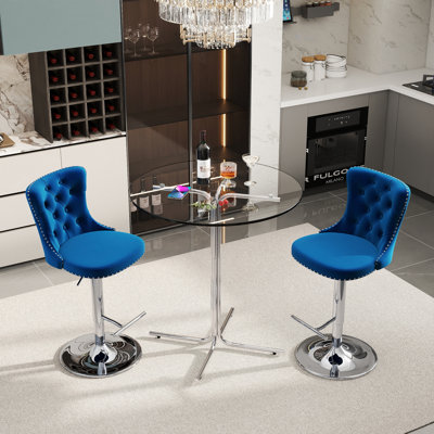 36" Modern Tempered Glass Bar Table Set with Velvet Adjustable Swivel Bar Stools, Metal Base