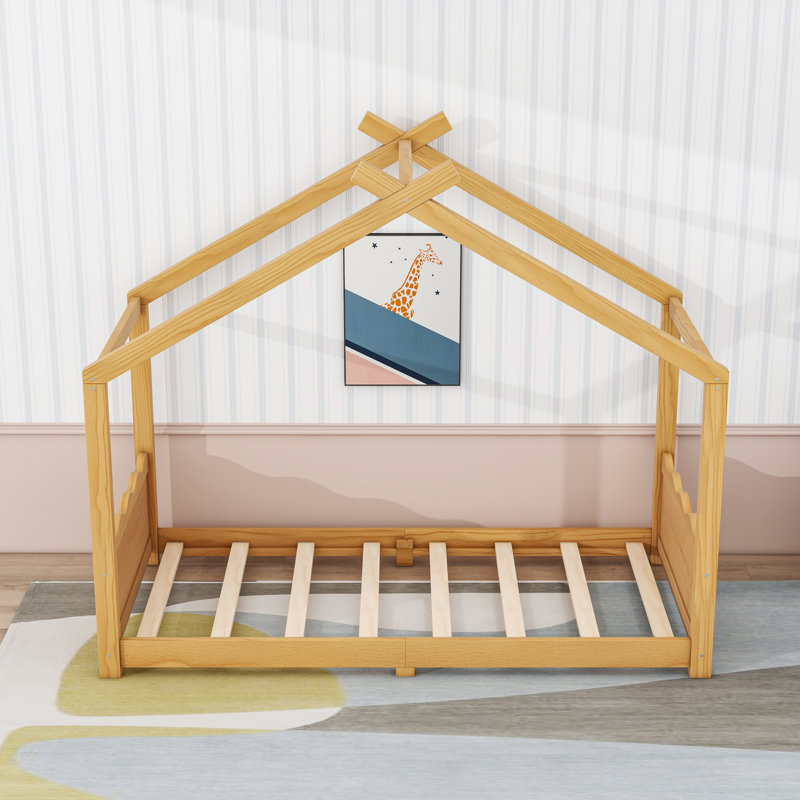 Montessori House Floor Bed with Center Support Legs, Low‑Profile Safe Design, Natural, Full