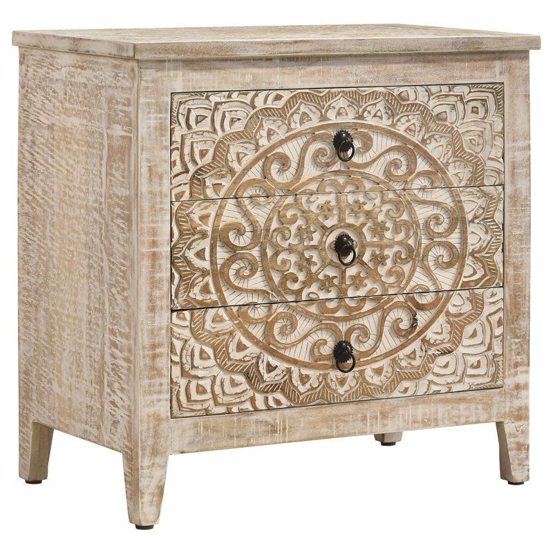 Kenzie Distressed White 3-Drawer Wood Mandala Cabinet