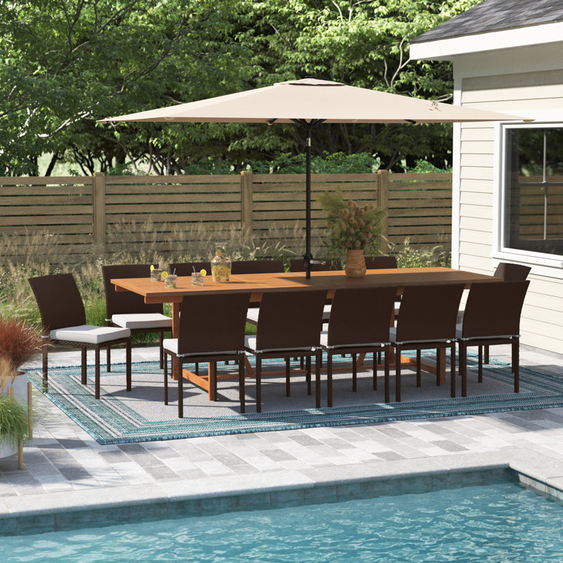Anautica 13 Piece Teak Finish Outdoor Furniture Dining Set with Cushions, Brown Chair/Off White Cushion, Light Finish