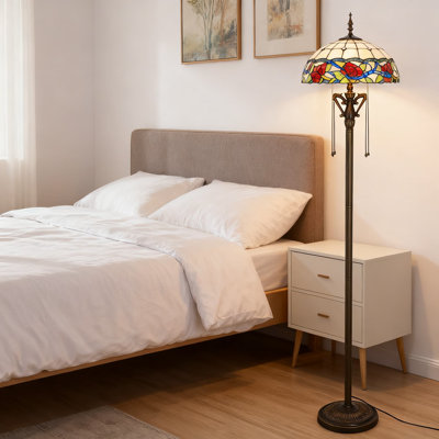 Tiffany Style Floor Lamp With Stained Glass Rose Shade, Antique Bronze Reading Light For Living Room And Bedroom Decor