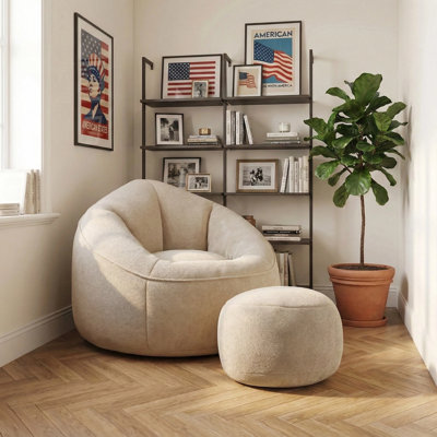 Oversized Round Bean Bag Chair with Ottoman, Memory Foam Lounge Chair for Living Room Bedroom