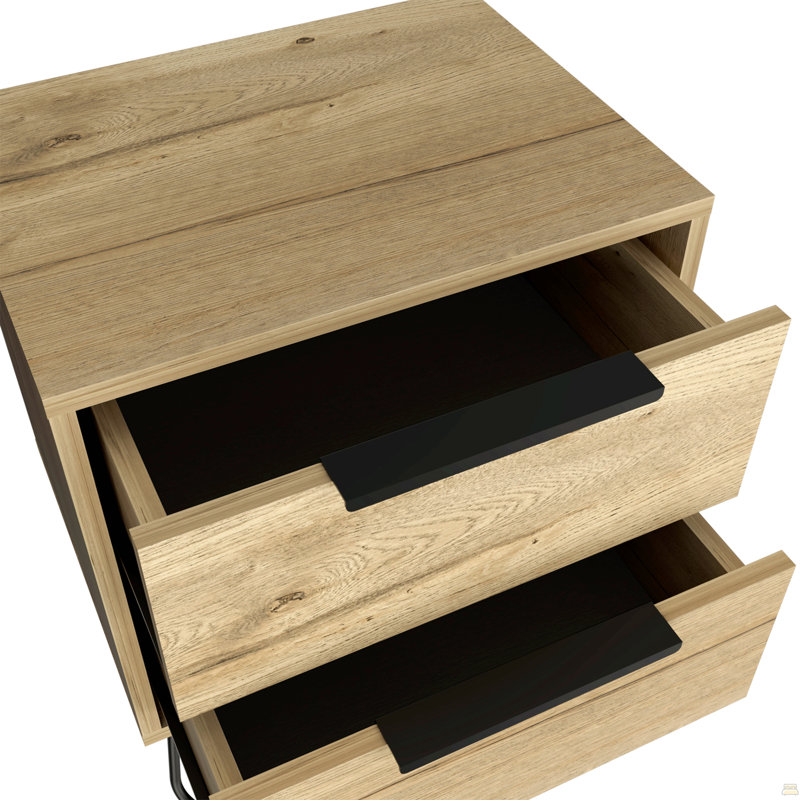 Table de chevet Skyoner 2, pieds Harpin, deux tiroirs, Chêne clair