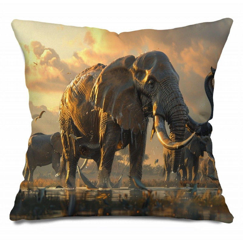 Elephants Throw Pillow, Wildlife Cotton Twill Pillows, 16"H x 16"W