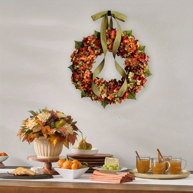 Couronne d'hortensia d'automne pour la porte d'entrée, couronne de campagne rustique d'automne rustique faite à la main de 17,7 po, couronne d'hortensia orange réaliste avec arc, pour décoration murale de fenêtre de porche
