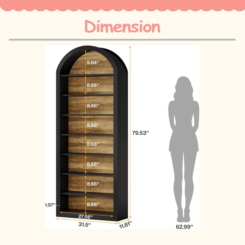 Closed Back Design Bookcase,Generous Bookshelf,Arched Display Shelving, Black