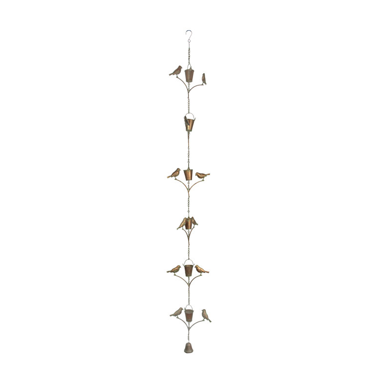 Chaîne de pluie décorative pour jardin extérieur, en métal cuivré rustique vieilli, représentant un oiseau et un seau ; hauteur : 198 cm (78 po).