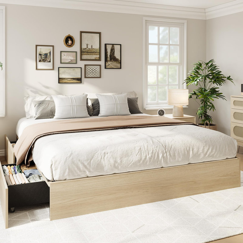 Base de lit plateforme grand en bois avec 2 tiroirs de rangement, base de lit en bois sans tête de lit, support à lattes de bois, aucun sommier requis, assemblage facile