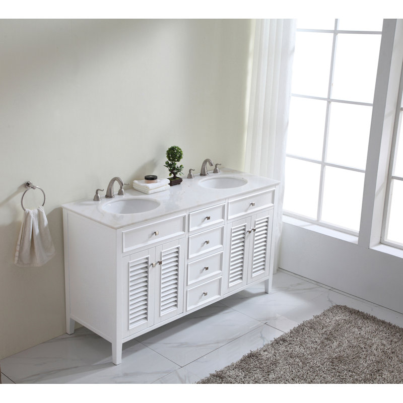 Ensemble de meuble-lavabo double 60 po, Blanc, Cristal blanc