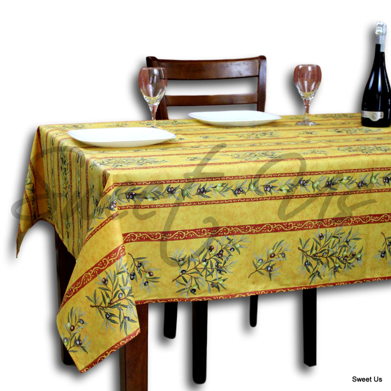 Wipeable Stain Resistant Acrylic Coated French Provencal Cotton Olive Floral Tablecloth, 136" x 60", Yellow