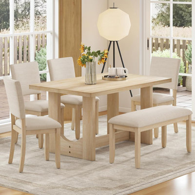 Ensemble de table de salle à manger 6 pièces avec banc - table de cuisine rectangulaire en bois de 57 po avec base en forme de U et 4 chaises rembourrées, ensemble de salle à manger de style campagne moderne pour le salon, la cuisine, la salle à manger, le chêne clair et le beige